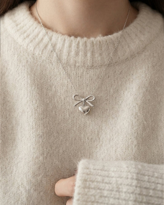 Silver Bow Heart Necklace