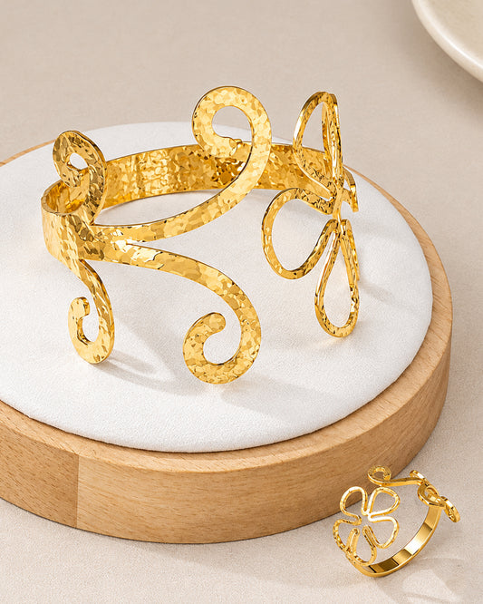 Gold Floral Wire Cuff Bracelet and Matching Ring Set with studs