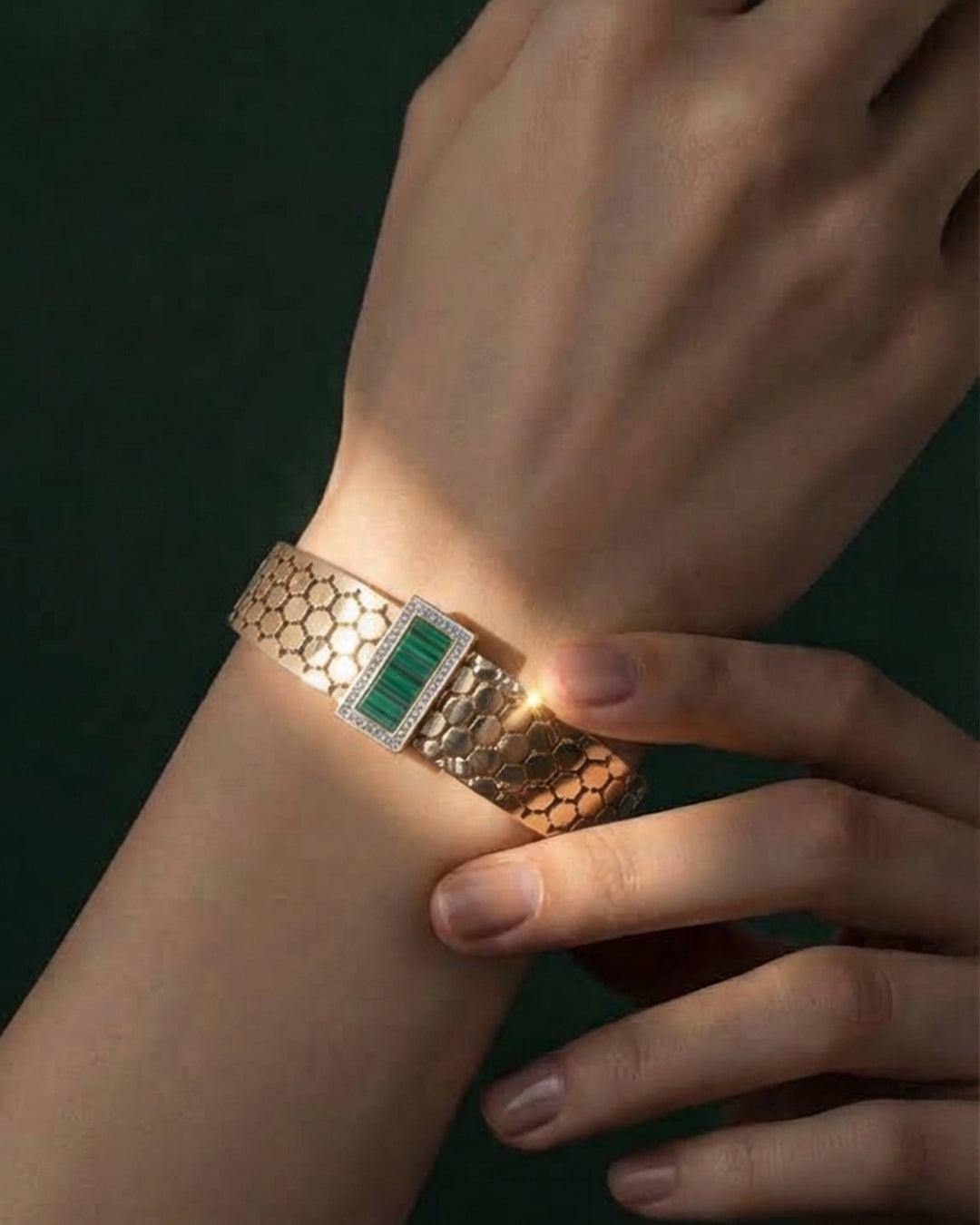 Gold mesh cuff bangle with layered gold chain necklace