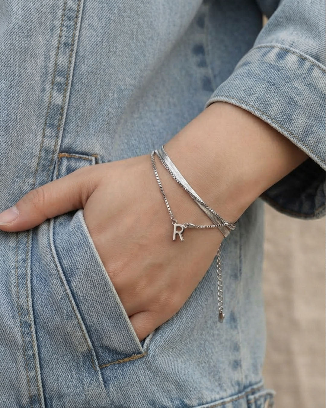 Layered Silver Initial Chain Bracelet