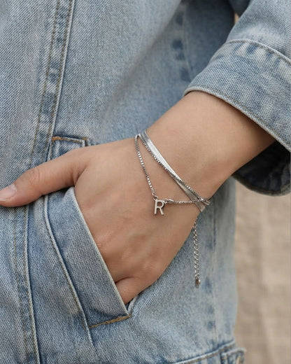 Layered Silver Initial Chain Bracelet
