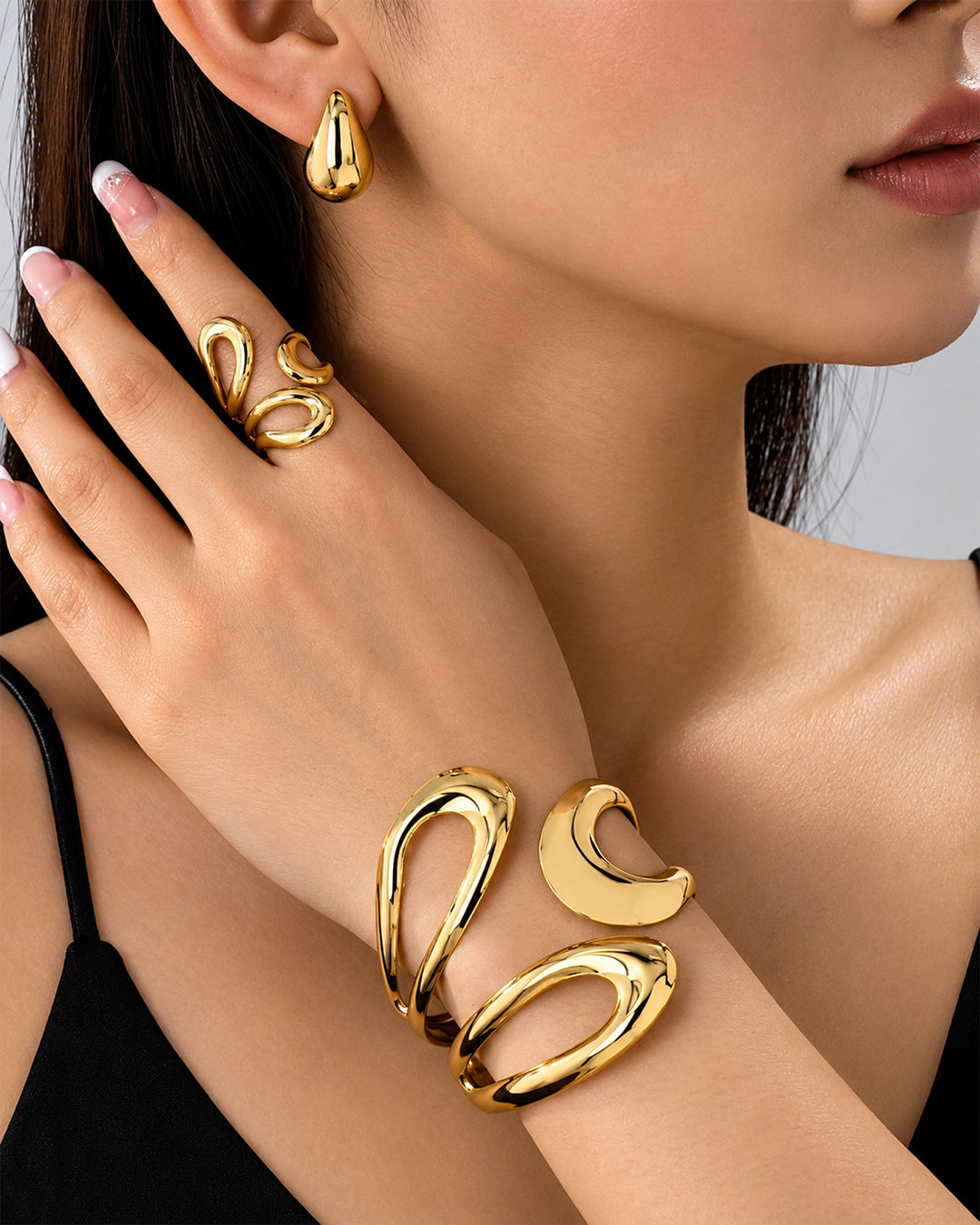 Gold Floral Wire Cuff Bracelet and Matching Ring Set with studs