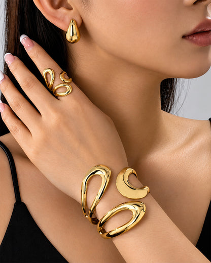 Gold Floral Wire Cuff Bracelet and Matching Ring Set with studs