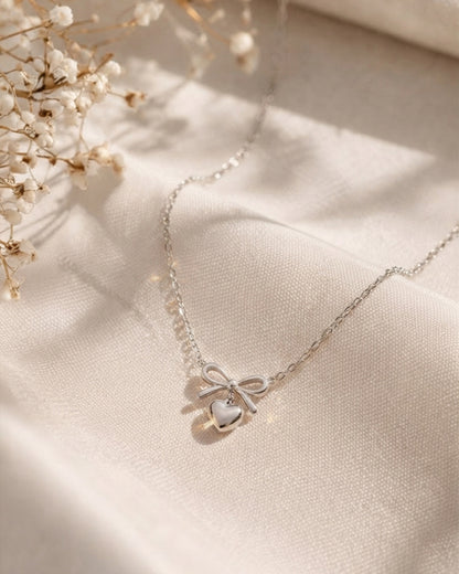 Silver Bow Heart Necklace