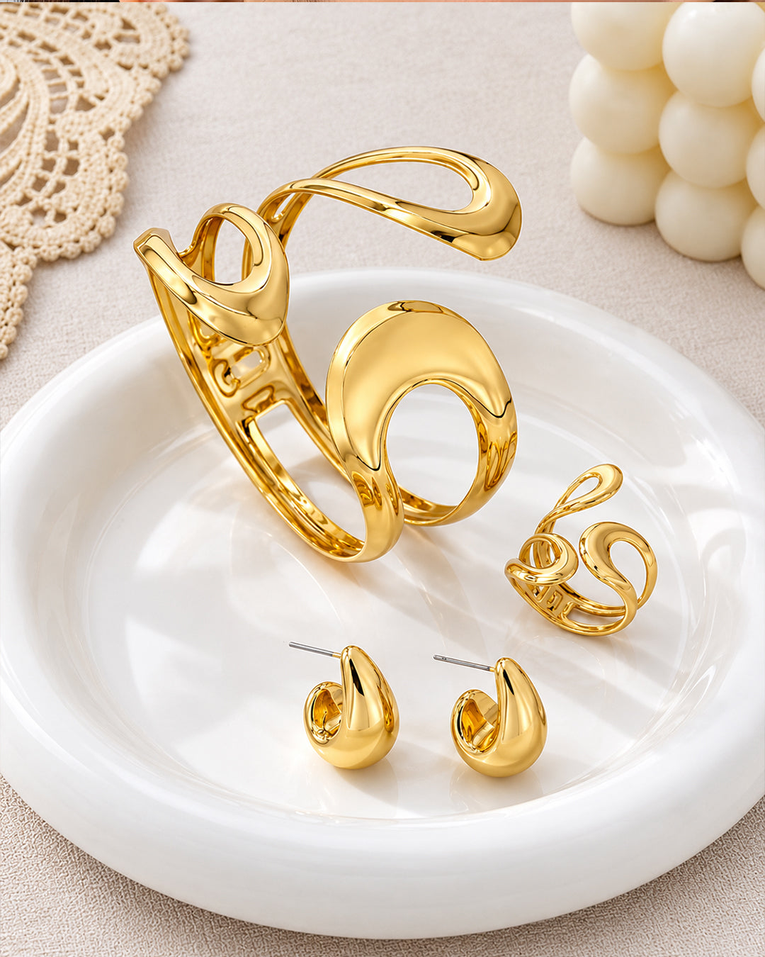 Gold Floral Wire Cuff Bracelet and Matching Ring Set with studs