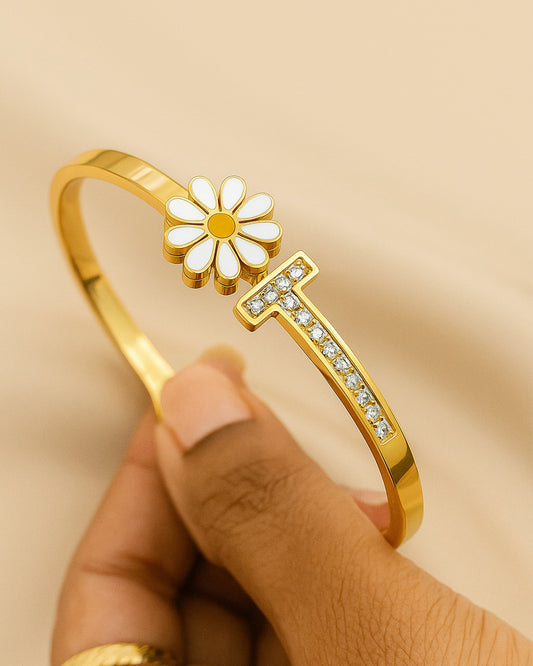 Gold Daisy Initial "T" Bangle Bracelet