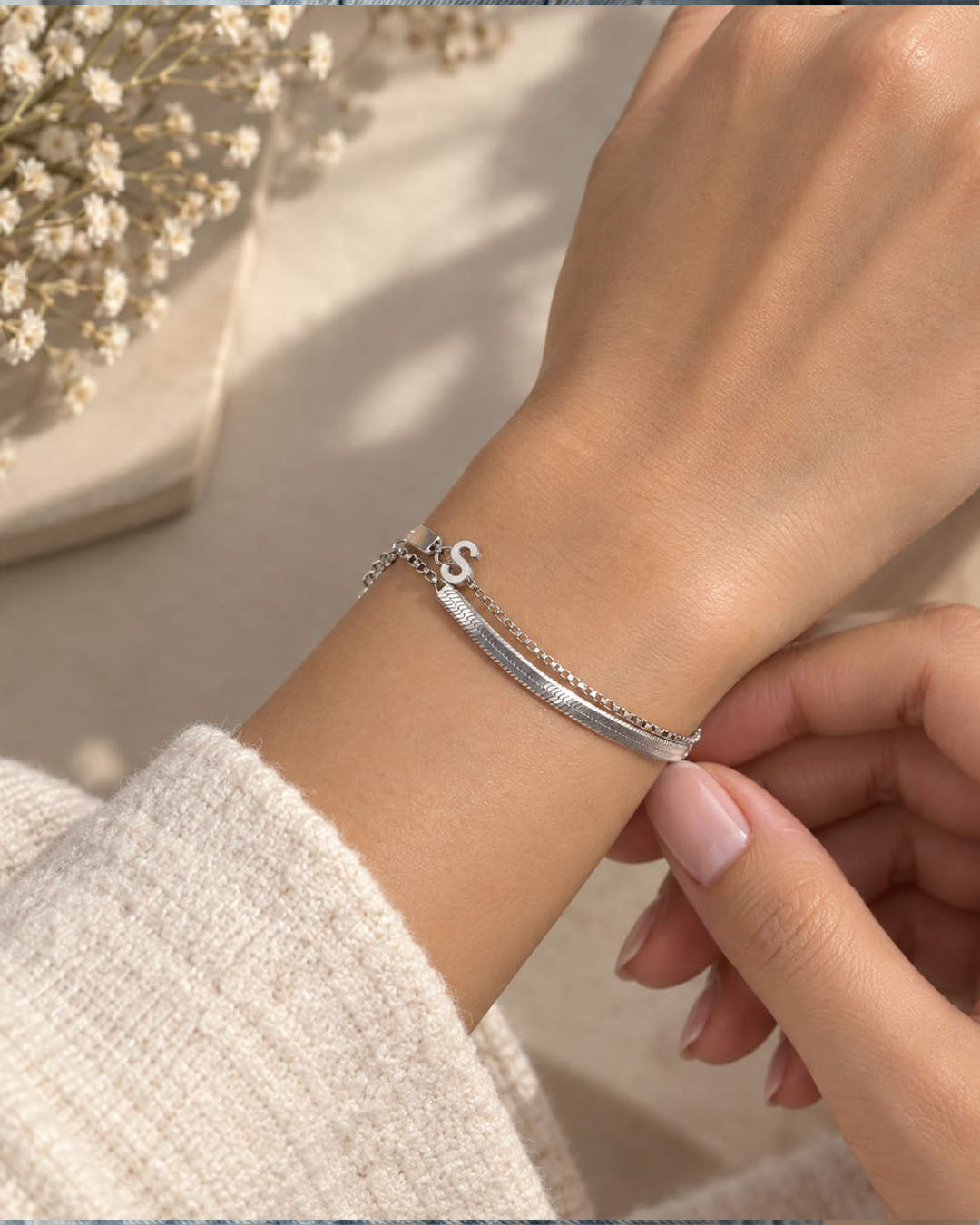 Layered Silver Initial Chain Bracelet