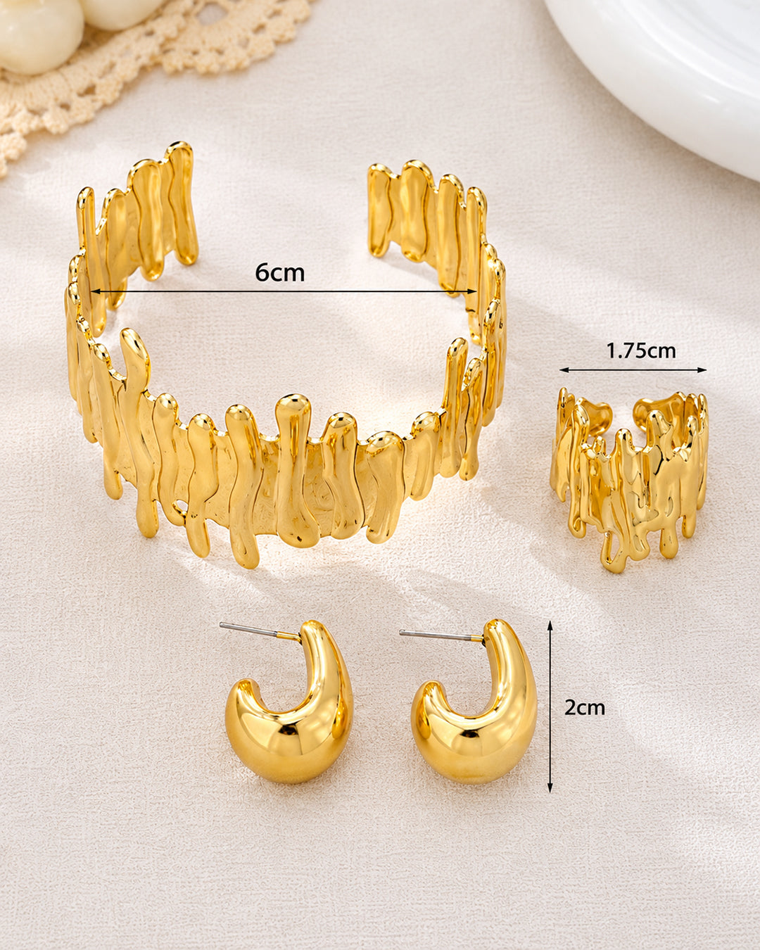 Gold Floral Wire Cuff Bracelet and Matching Ring Set with studs
