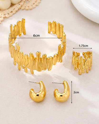 Gold Floral Wire Cuff Bracelet and Matching Ring Set with studs