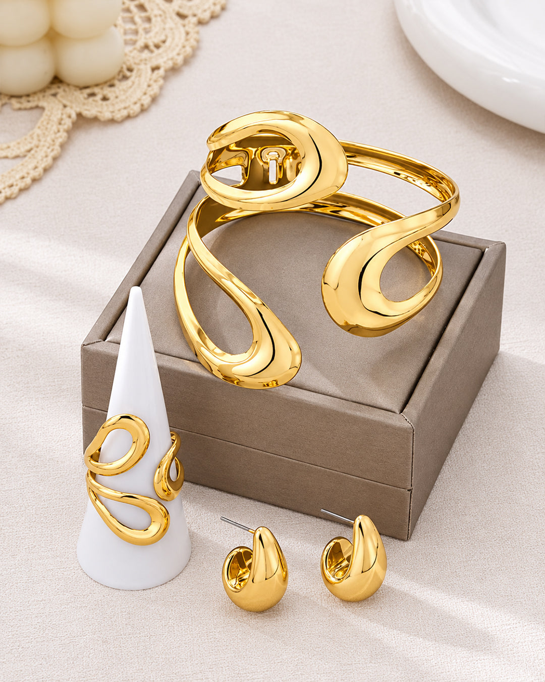 Gold Floral Wire Cuff Bracelet and Matching Ring Set with studs