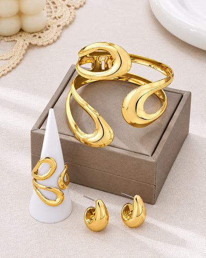 Gold Floral Wire Cuff Bracelet and Matching Ring Set with studs