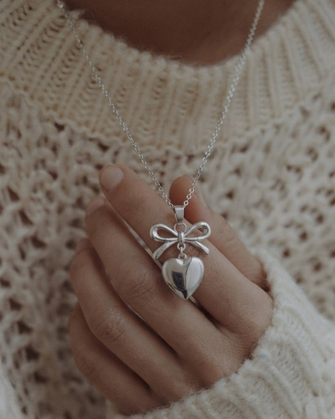 Silver Bow Heart Necklace