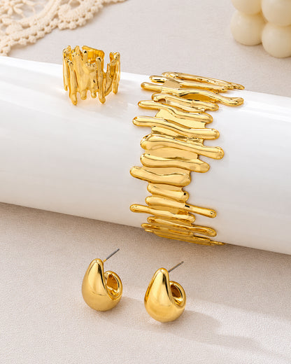 Gold Floral Wire Cuff Bracelet and Matching Ring Set with studs