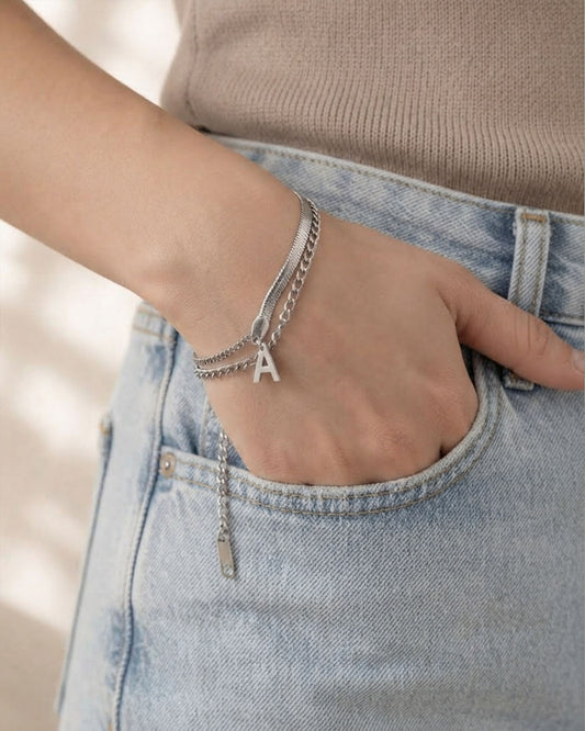 Layered Silver Initial Chain Bracelet