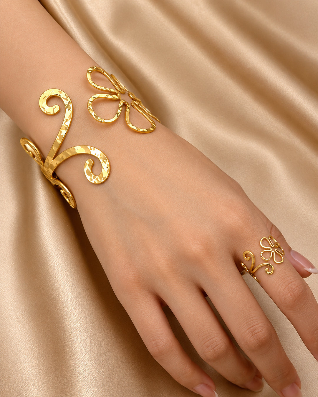 Gold Floral Wire Cuff Bracelet and Matching Ring Set with studs