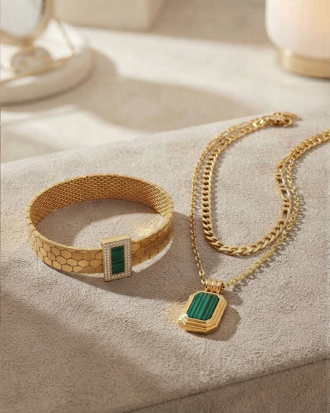 Gold mesh cuff bangle with layered gold chain necklace