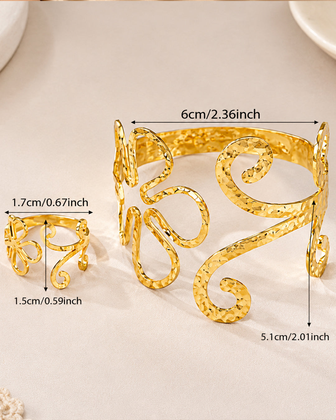 Gold Floral Wire Cuff Bracelet and Matching Ring Set with studs