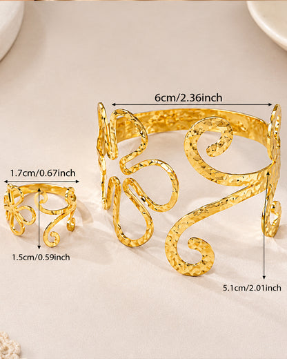 Gold Floral Wire Cuff Bracelet and Matching Ring Set with studs