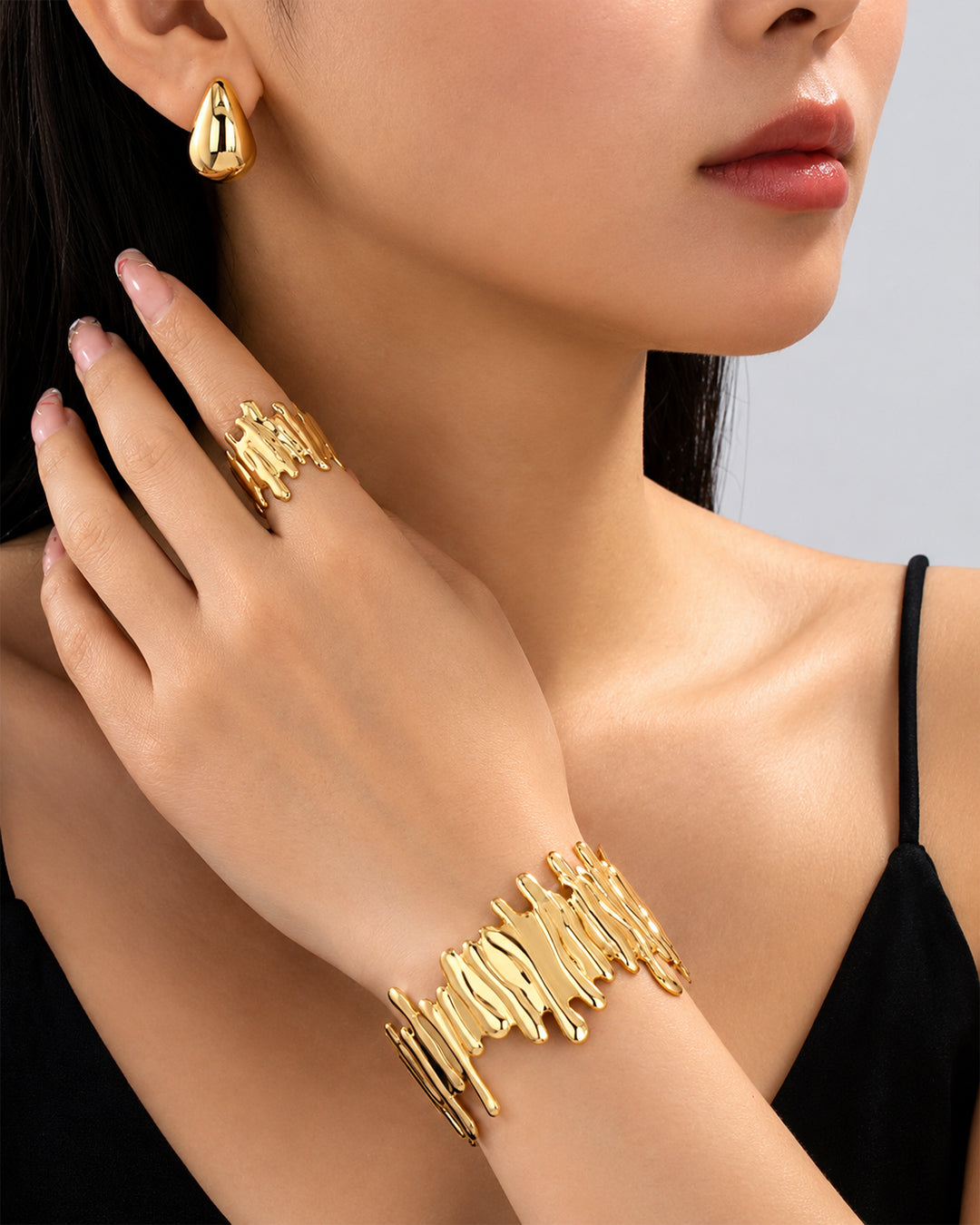 Gold Floral Wire Cuff Bracelet and Matching Ring Set with studs