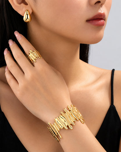 Gold Floral Wire Cuff Bracelet and Matching Ring Set with studs